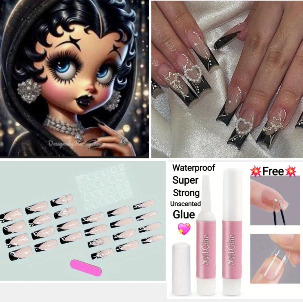 Black French White PolkaDot Three-dimensional Pearl, Love, Star Fake Nails 💅